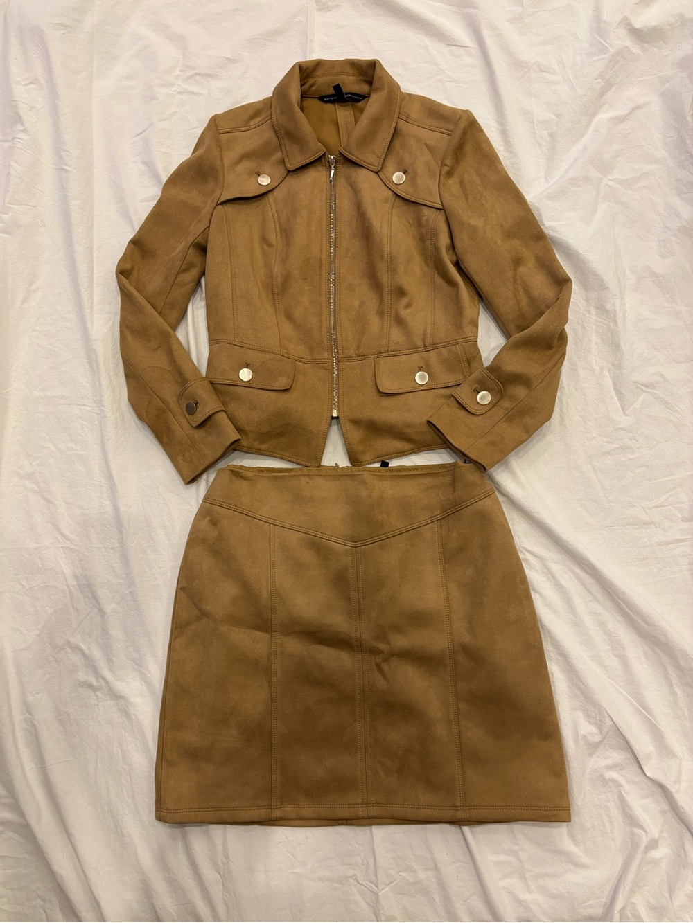 Women’s Tailored Suede Jacket & Skirt Set in Tan